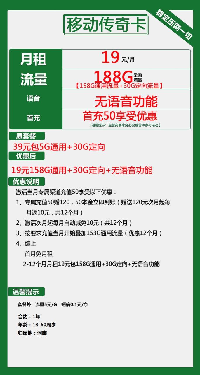号卡办理| 移动传奇卡19元包158G通用+30G定向+无语音功能-172号卡-号卡极团-号卡联盟-卡业联盟-号易