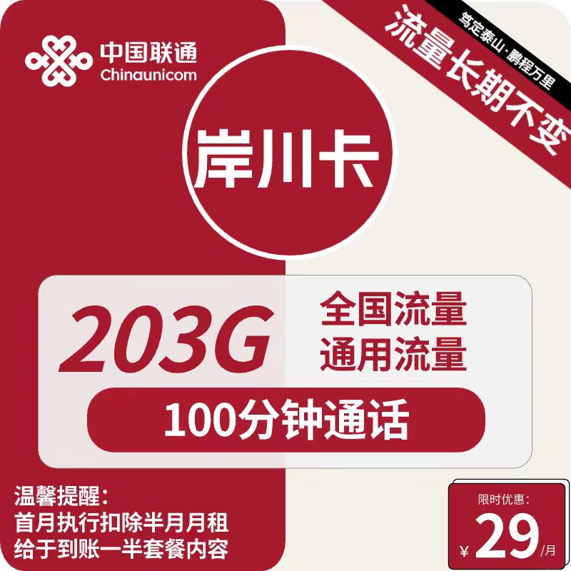 号卡办理| 联通岸川卡29元包203G通用+100分钟-172号卡-号卡极团-号卡联盟-卡业联盟-号易