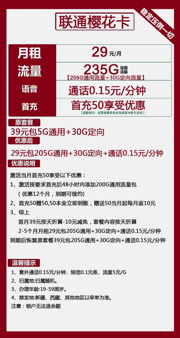 联通樱花卡@丨29元包205G通用+30G定向+通话0.15元/分钟-小可网络科技-号卡极团-号卡联盟