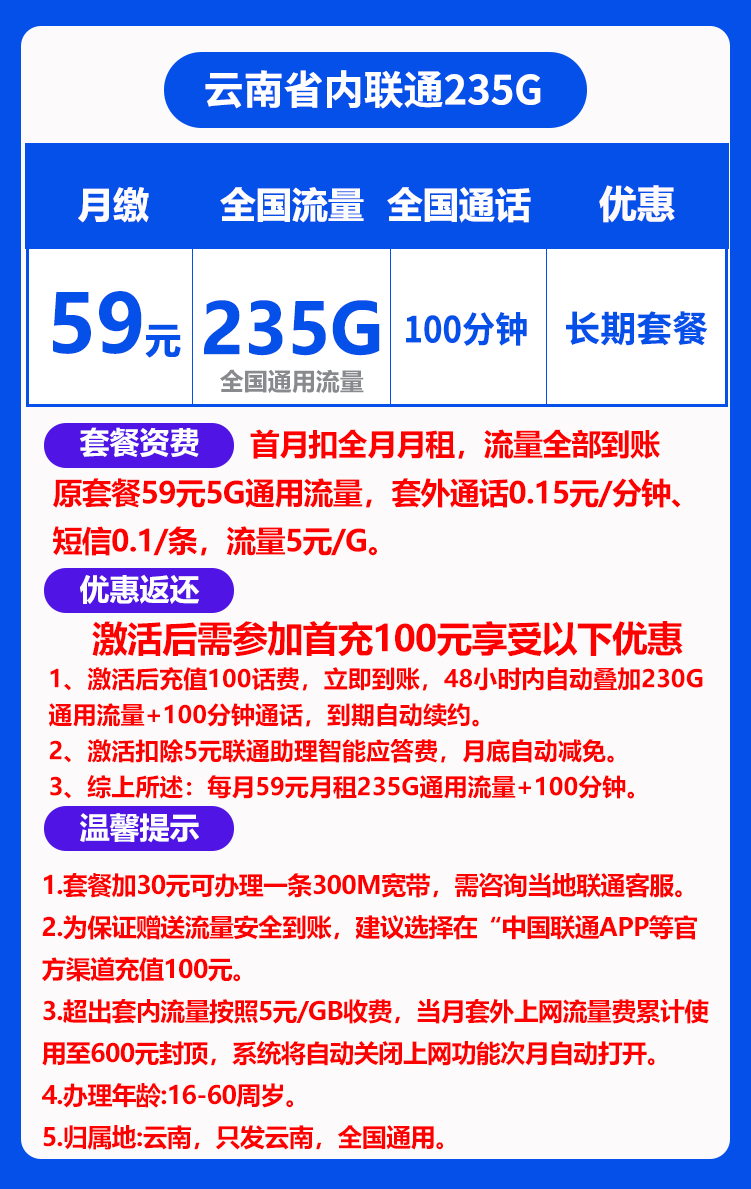 联通云南59卡丨59包235G通用+100分钟-小可网络科技-号卡极团-号卡联盟