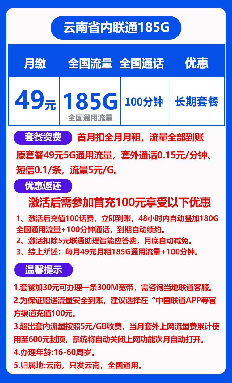 联通云南49卡丨49包185G+100分钟-172号卡-号卡极团-号卡联盟-卡业联盟-号易
