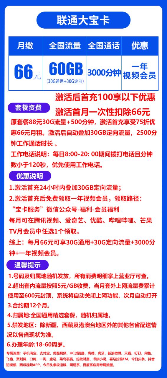 联通大宝卡丨66元30G通用+30G定向+3000分钟（长期套餐，一年视频会员）-小可网络科技-号卡极团-号卡联盟