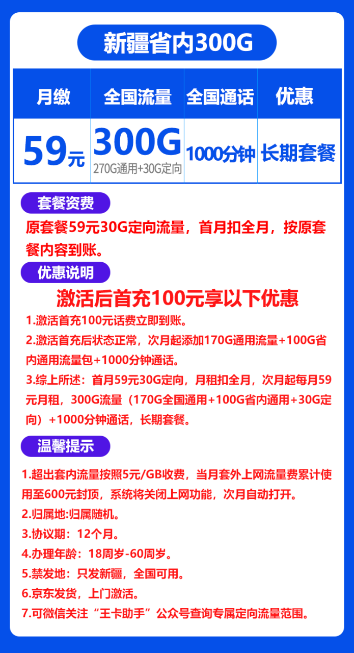 联通新疆卡59@丨59包270G通用+30G定向流量+1000分钟语音通话-172号卡-号卡极团-号卡联盟-卡业联盟-号易