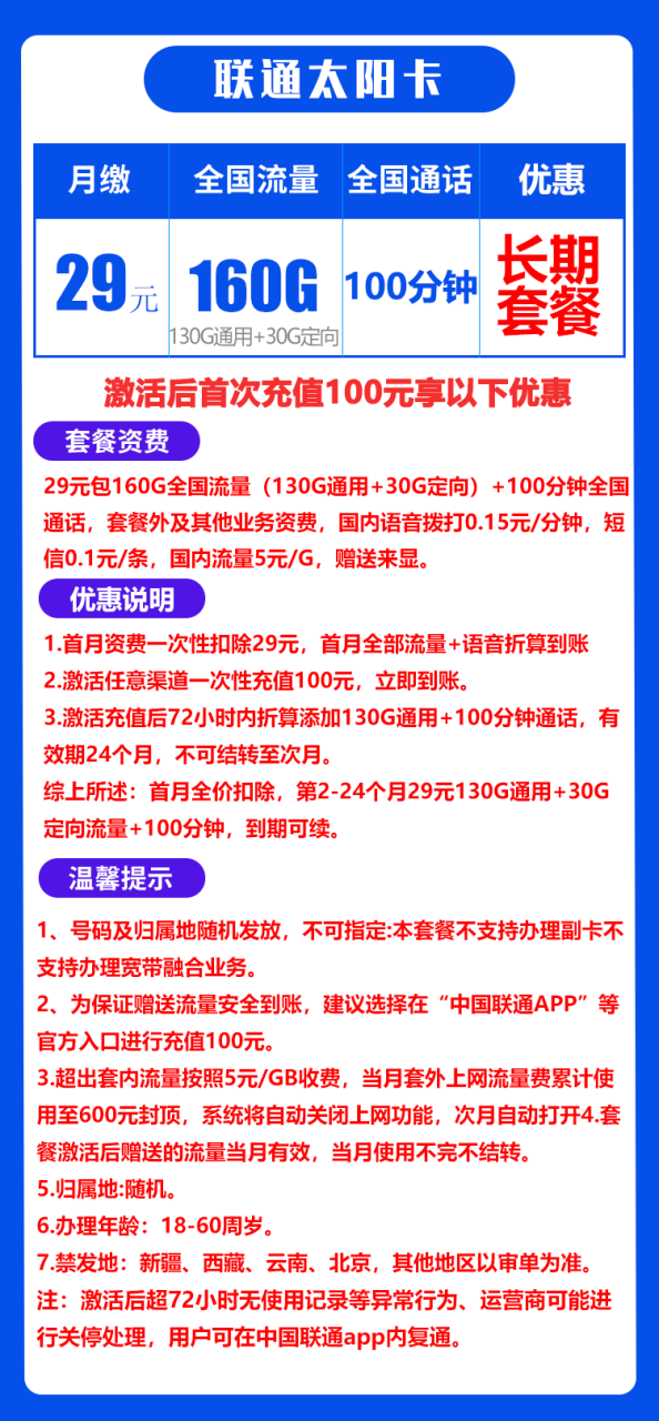 联通太阳卡@丨29元130G通用+30G定向+100分钟（长期套餐）-小可网络科技-号卡极团-号卡联盟