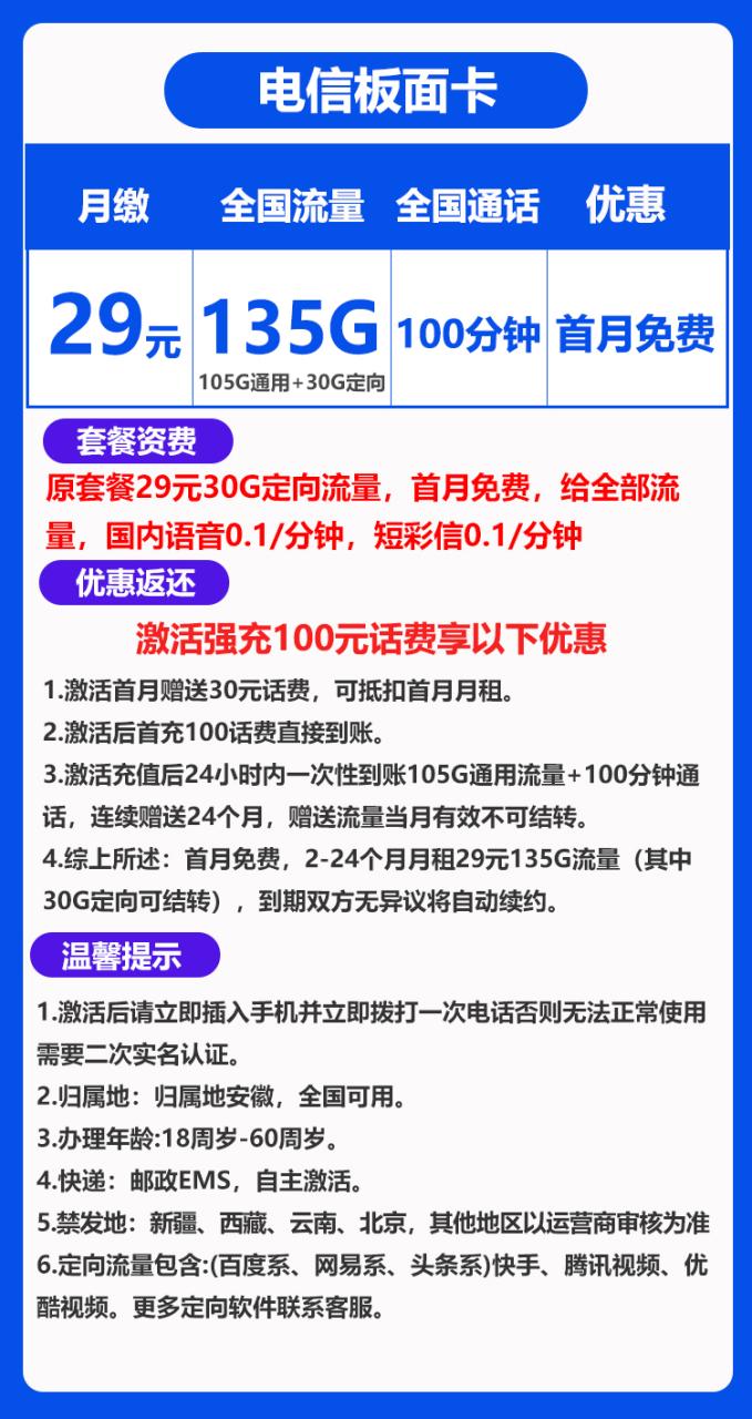 电信板面卡丨29元135G+100分钟（自主激活）-小可网络科技-号卡极团-号卡联盟