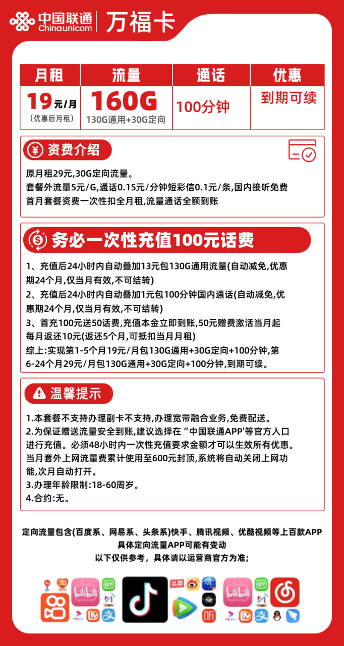 联通万福卡@丨19包160G全国流量+100分钟（长期套餐）-172号卡-号卡极团-号卡联盟-卡业联盟-号易