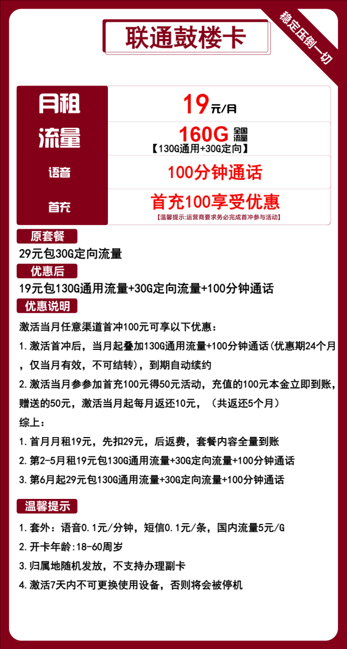 联通鼓楼卡丨鼓楼卡19元包130G通用+30G定向+100分钟通话-172号卡-号卡极团-号卡联盟-卡业联盟-号易
