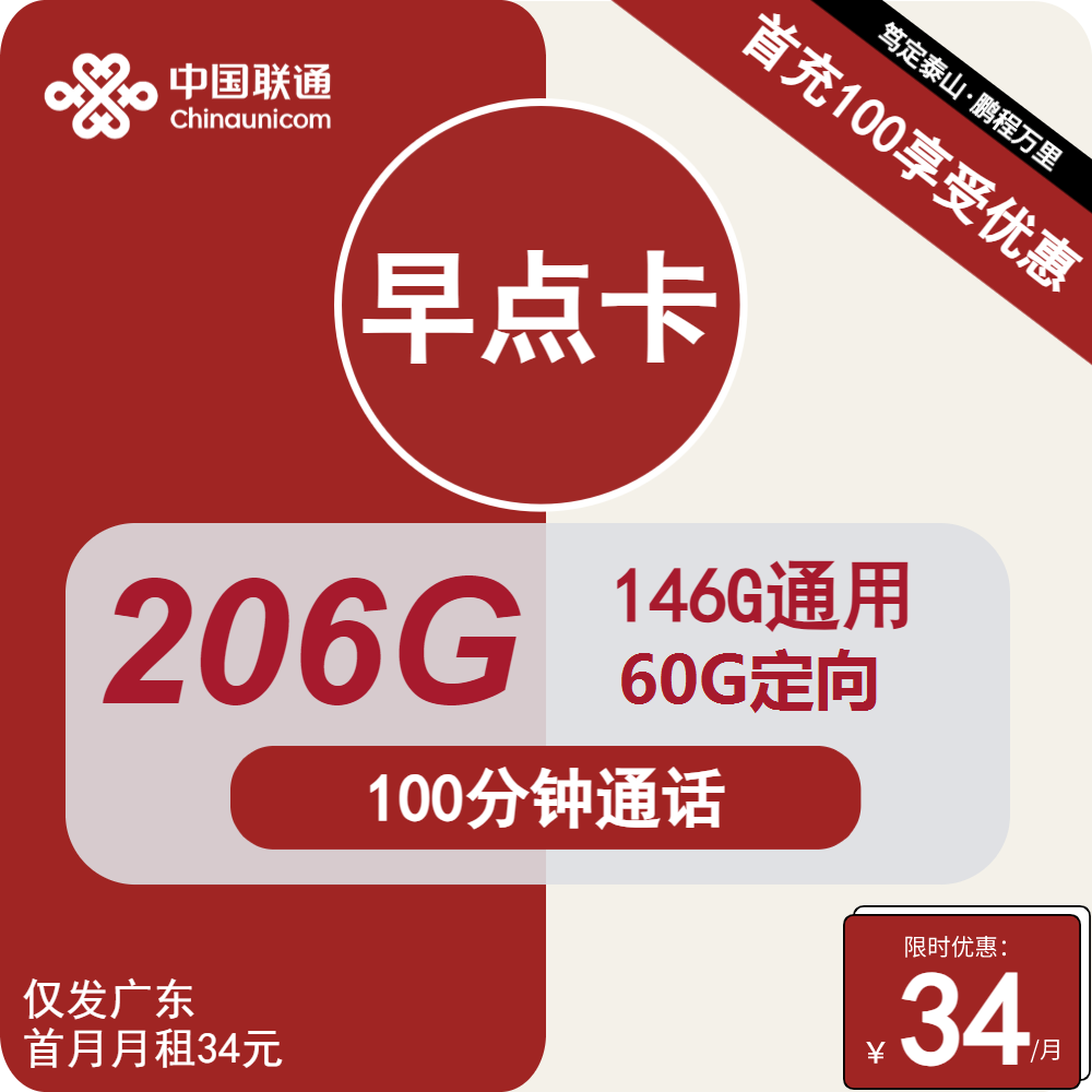 号卡办理| 联通早点卡34元包146G通用+60G定向+100分钟通话-小可网络科技-号卡极团-号卡联盟