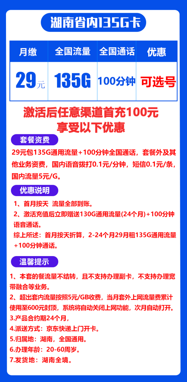 湖南省内联通@丨29元135G+100分钟（2年套餐）-172号卡-号卡极团-号卡联盟-卡业联盟-号易