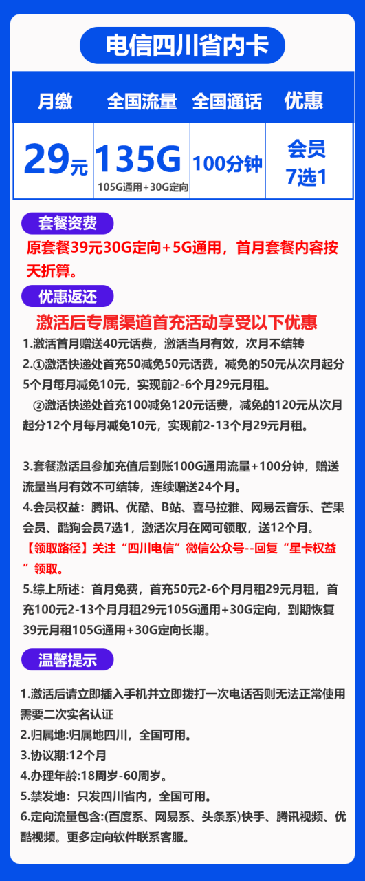 电信小四卡@丨29元135G+100分钟（会员七选一）-小可网络科技-号卡极团-号卡联盟