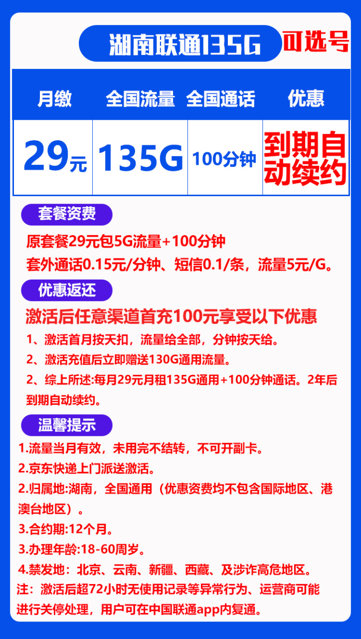 联通湖南卡@丨 29元包135G通用+100分钟通话-小可网络科技-号卡极团-号卡联盟