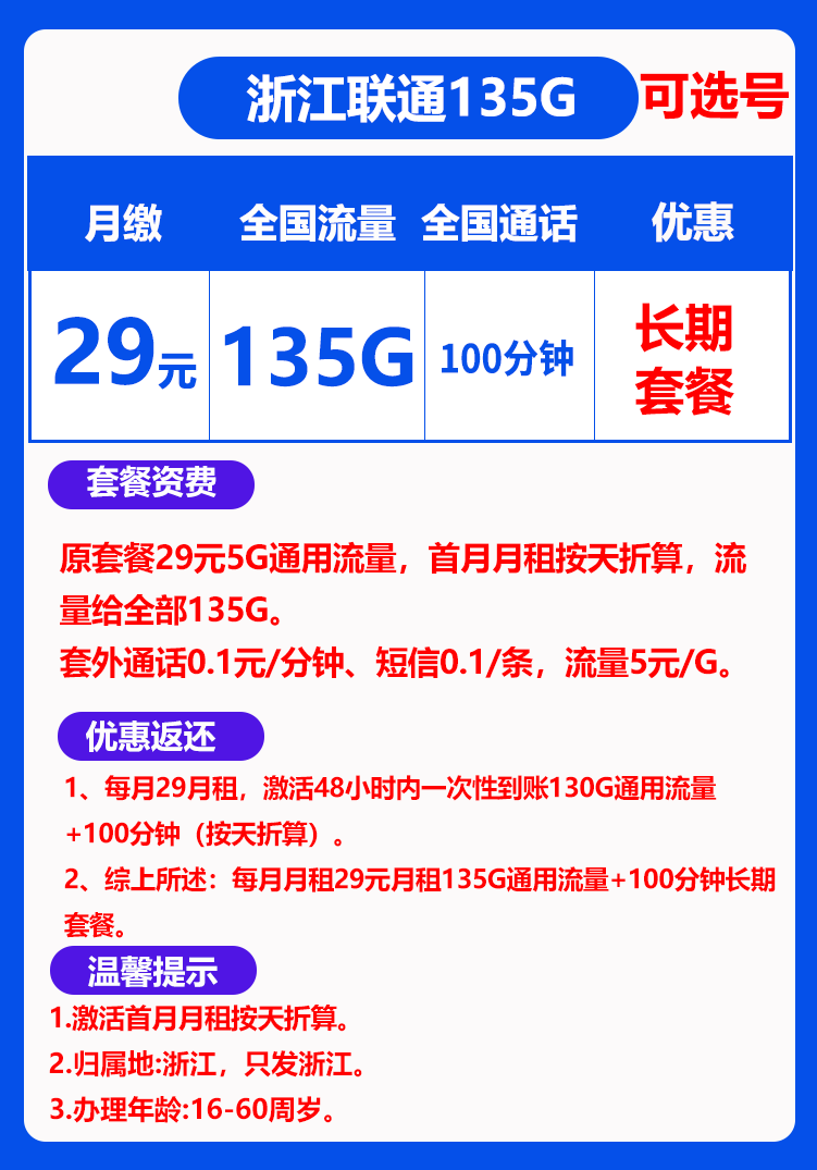 联通浙江29卡@丨29包135G通用流量+100分钟通话-小可网络科技-号卡极团-号卡联盟