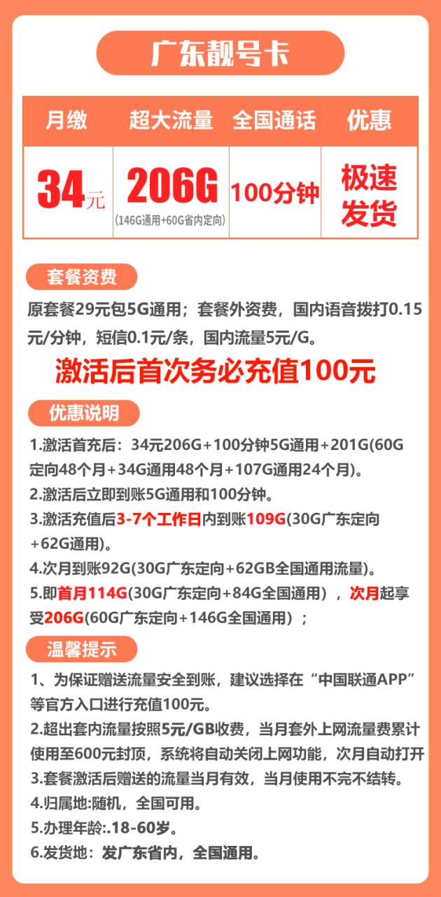 广东联通靓号版@丨34宝146G通用+60G省内定向-小可网络科技-号卡极团-号卡联盟