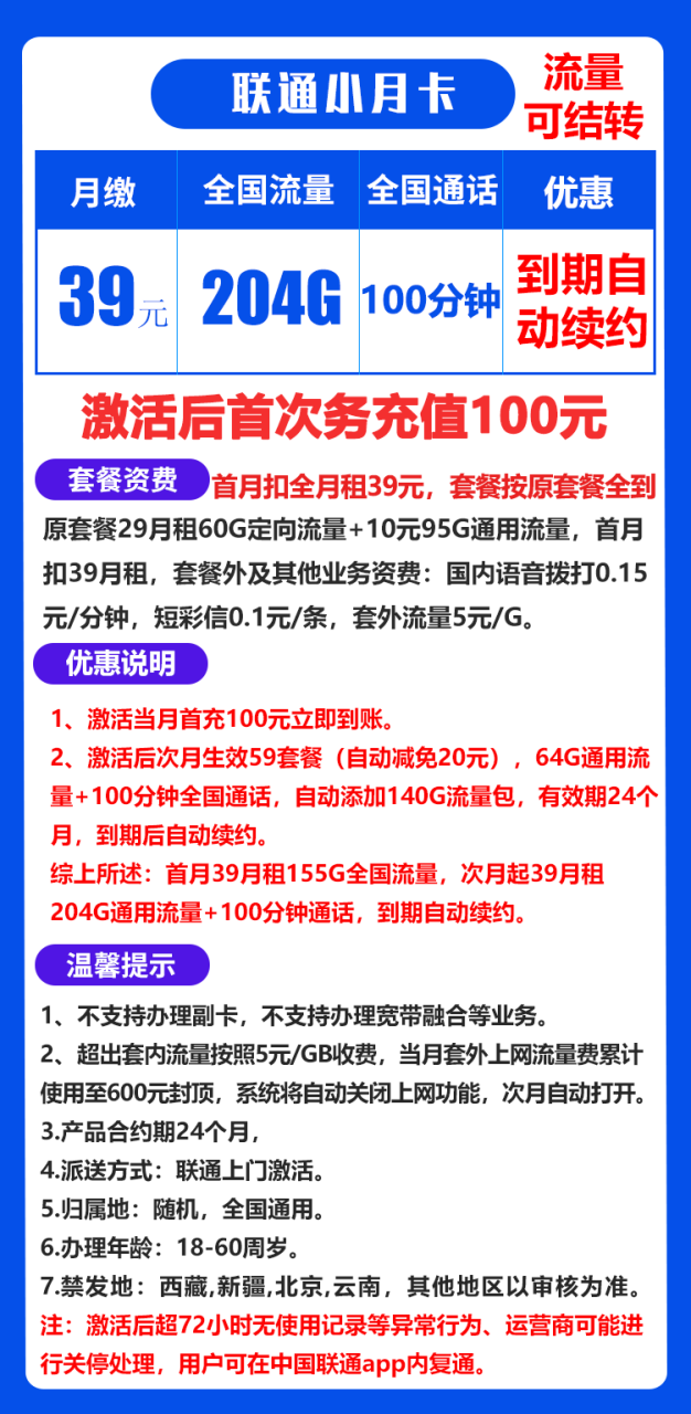 联通小月卡@丨39元204G+100（流量可结转，可选号）-172号卡-号卡极团-号卡联盟-卡业联盟-号易