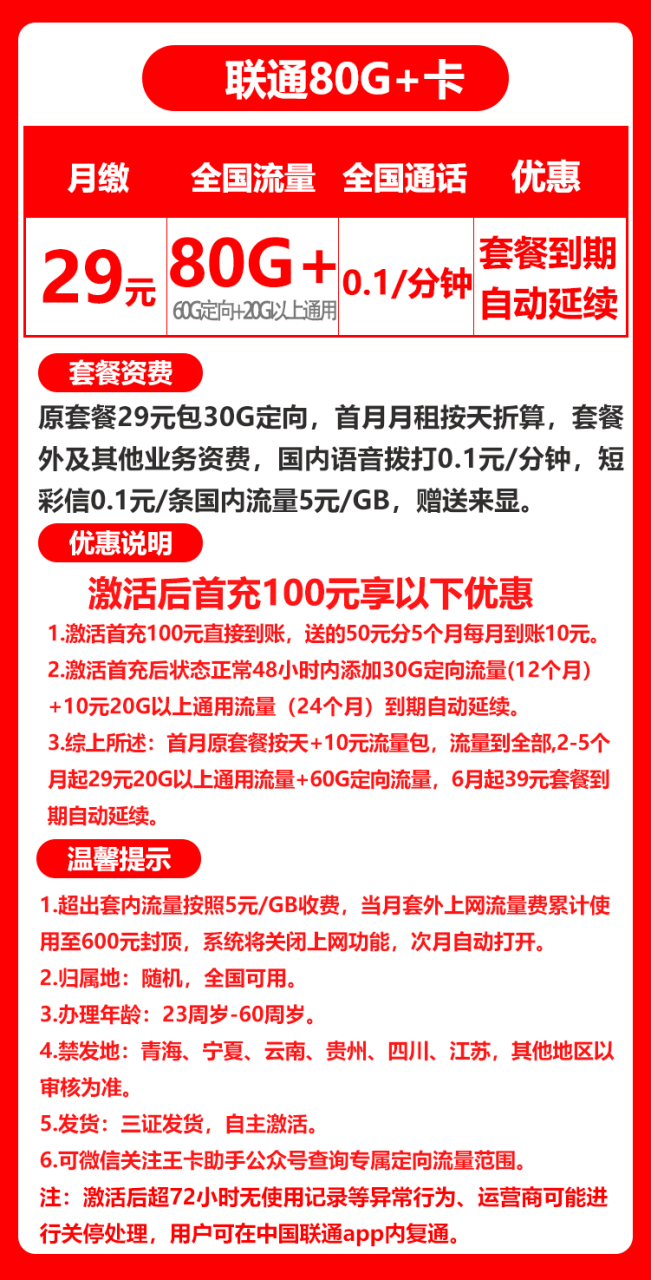 联通全国29元0.1元/分钟80GB+卡丨29包60G通用+20G定向-小可网络科技-号卡极团-号卡联盟
