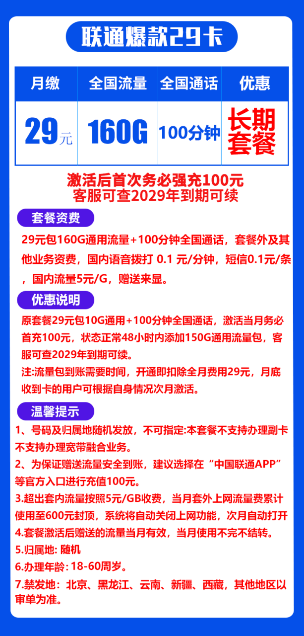 联通爆款29元卡丨160GB+100分钟（自主激活，长期套餐）-小可网络科技-号卡极团-号卡联盟
