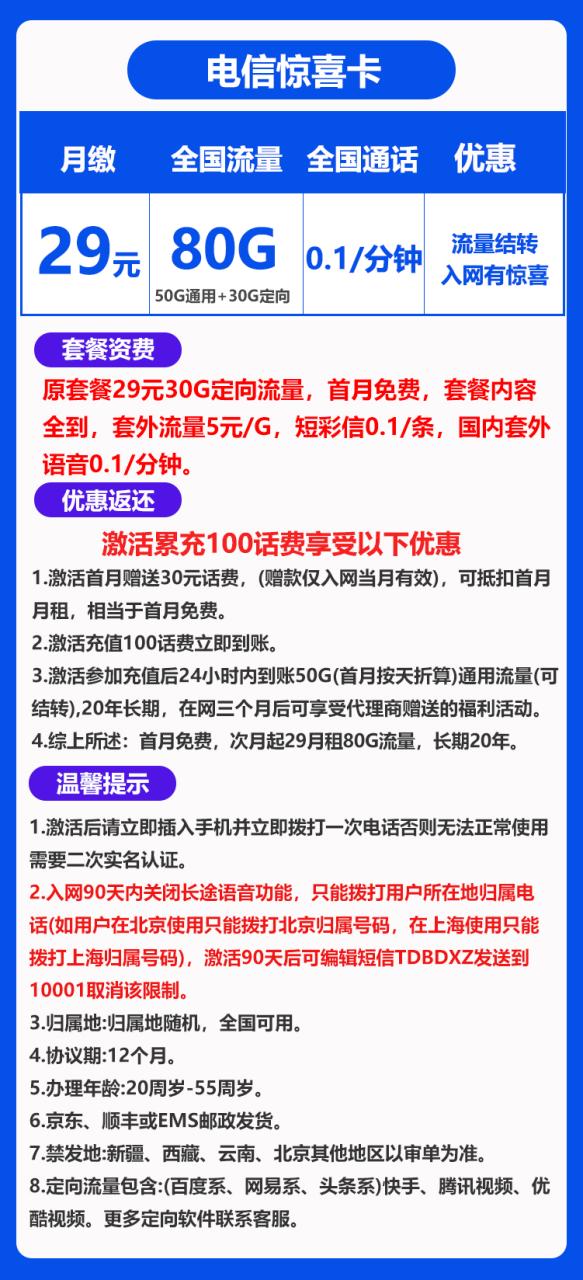 电信惊喜卡丨29元80G+0.1元/分钟(流量结转，长期套餐)-小可网络科技-号卡极团-号卡联盟