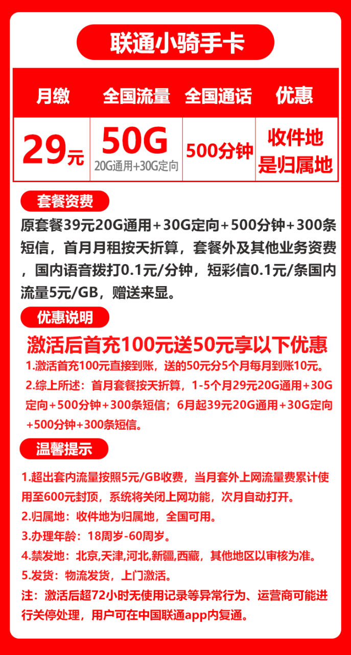 联通小骑士卡丨29元50G+500分钟+300条短信（收件地既是归属地）-小可网络科技-号卡极团-号卡联盟