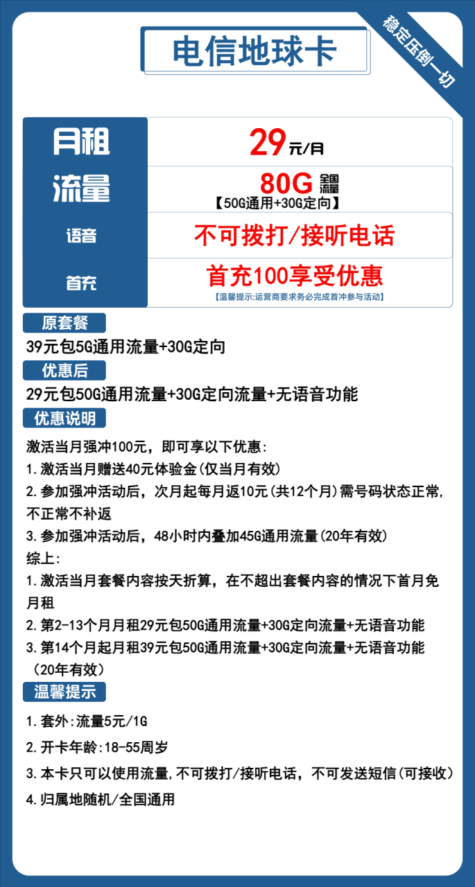 号卡办理-电信地球卡-29元包50G通用+30G定向+无语音功能-172号卡-号卡极团-号卡联盟-卡业联盟-号易