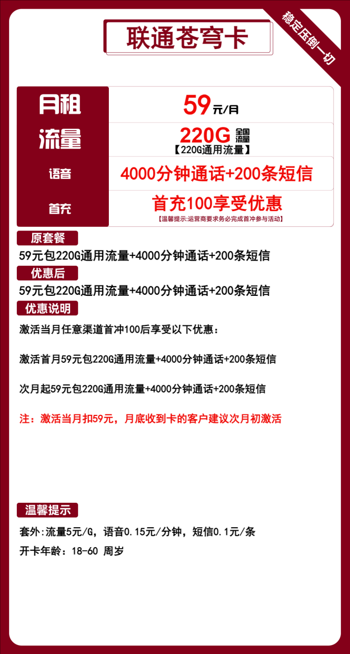 号卡办理-联通苍穹卡-59元包220G通用+4000分钟+200条短信-小可网络科技-号卡极团-号卡联盟