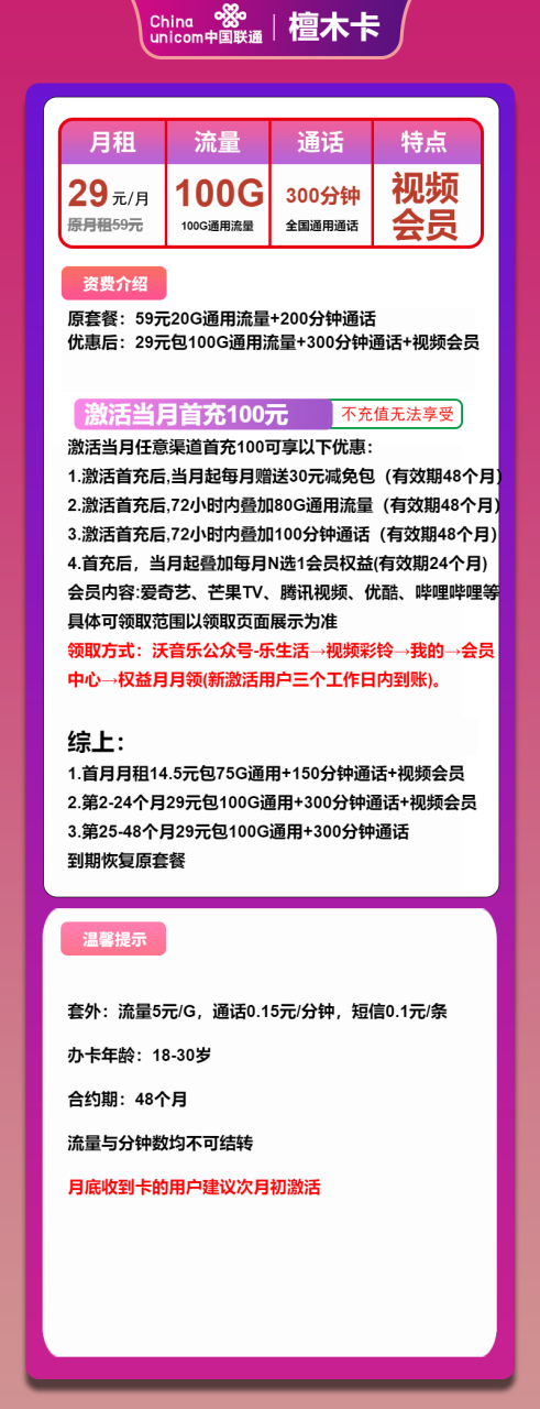 号卡办理-联通檀木卡-29元包100G通用+300分钟+会员-小可网络科技-号卡极团-号卡联盟