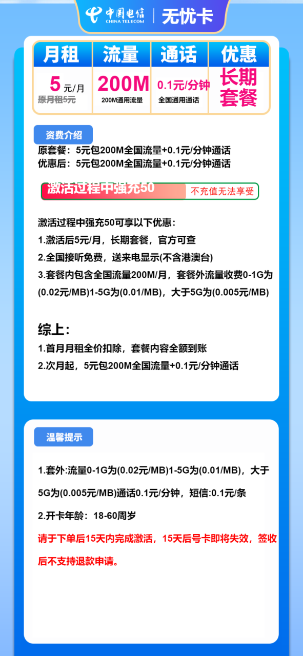 号卡办理-电信无忧卡-5元包200M+通话0.1元/分钟-172号卡-号卡极团-号卡联盟-卡业联盟-号易