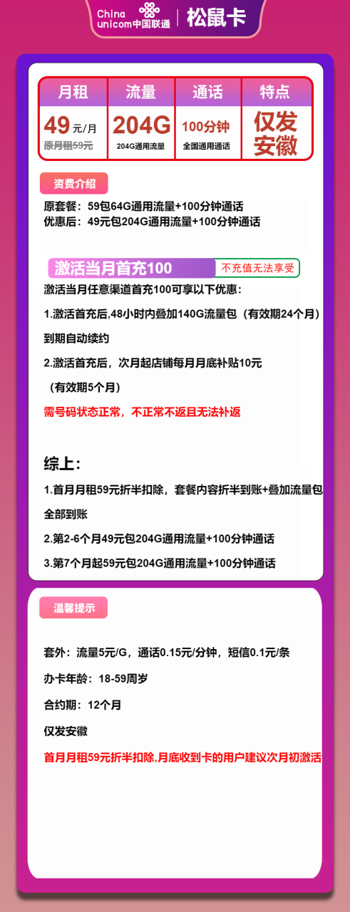 号卡办理-联通松鼠卡-49元包204G通用流量+100分钟通话-小可网络科技-号卡极团-号卡联盟