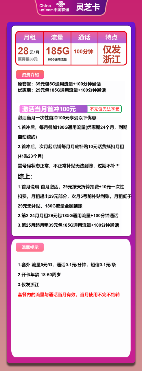 号卡办理-联通灵芝卡-29元包185G通用+100分钟通话-172号卡-号卡极团-号卡联盟-卡业联盟-号易