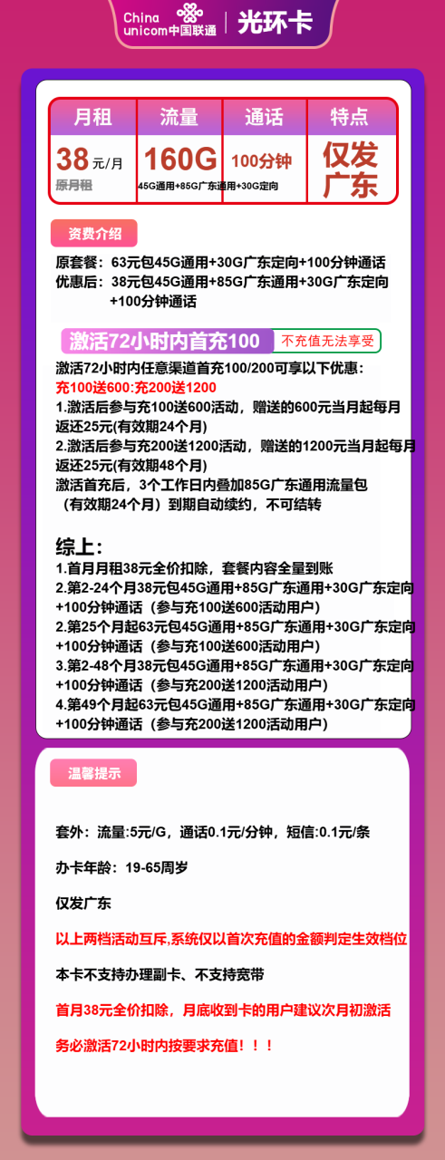 号卡办理-联通光环卡-38元包130G通用+30G定向+100分钟-小可网络科技-号卡极团-号卡联盟