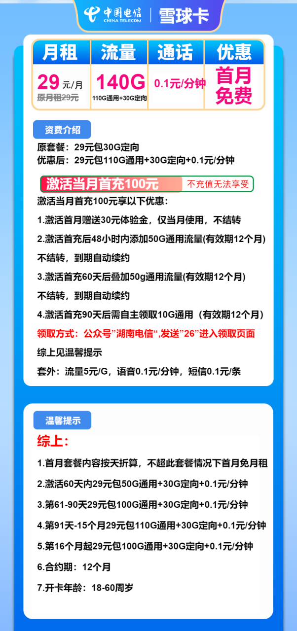 号卡办理-电信雪球卡-29元包110G通用+30定向+通话0.1元/分钟-小可网络科技-号卡极团-号卡联盟