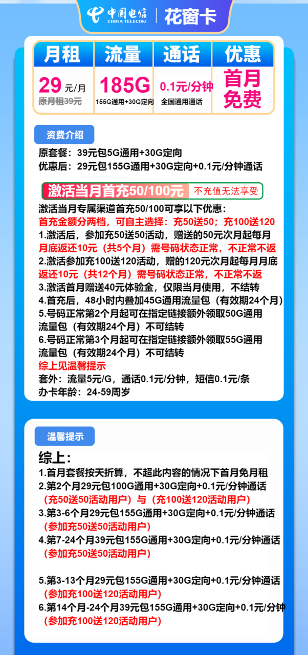 号卡办理-电信花窗卡-29元包155G通用+30G定向+通话0.1元/分钟-小可网络科技-号卡极团-号卡联盟