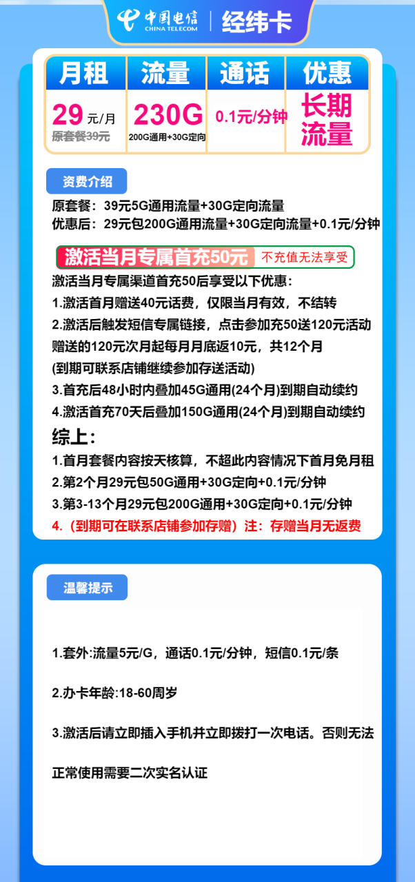 号卡办理-电信经纬卡-29元包200G通用+30G定向+通话0.1元/分钟-小可网络科技-号卡极团-号卡联盟