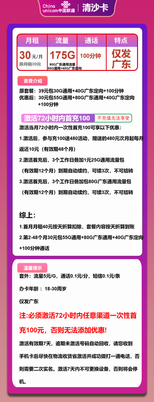 号卡办理-联通清沙卡-30元包135G通用+40G定向+100分钟-小可网络科技-号卡极团-号卡联盟