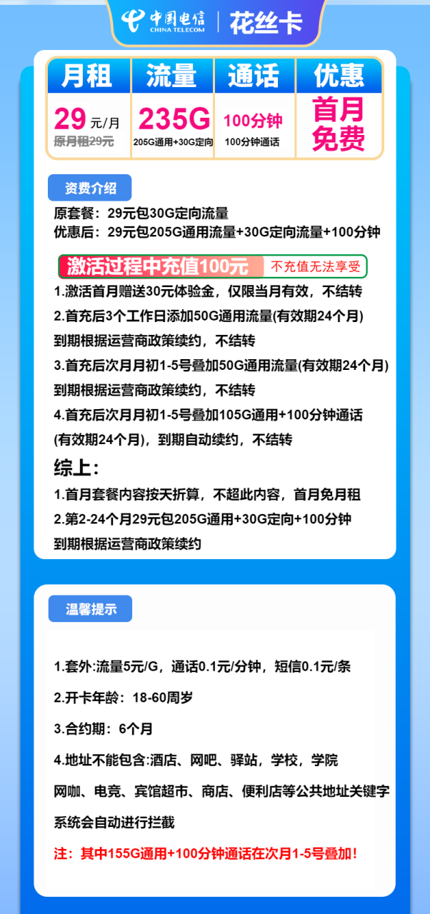 号卡办理-电信花丝卡-29元包205G通用+30G定向+100分钟通话-小可网络科技-号卡极团-号卡联盟