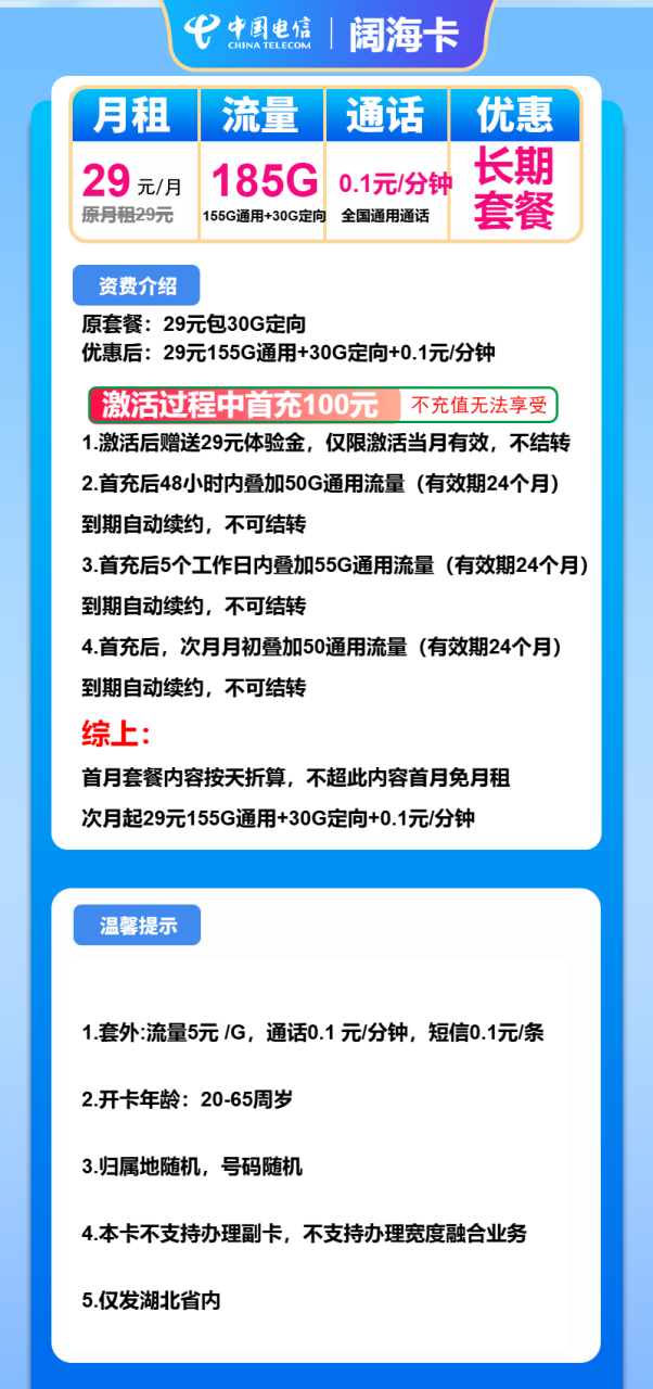号卡办理-电信阔海卡-29元包155G通用+30G定向+通话0.1元/分钟-小可网络科技-号卡极团-号卡联盟