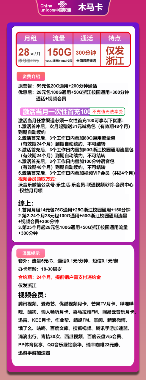 号卡办理-联通木马卡-28元包100G通用+50G校园+300分钟+会员-小可网络科技-号卡极团-号卡联盟