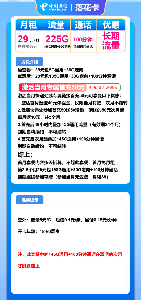 号卡办理-电信落花卡-29元195G通用+30G定向+100分钟-小可网络科技-号卡极团-号卡联盟