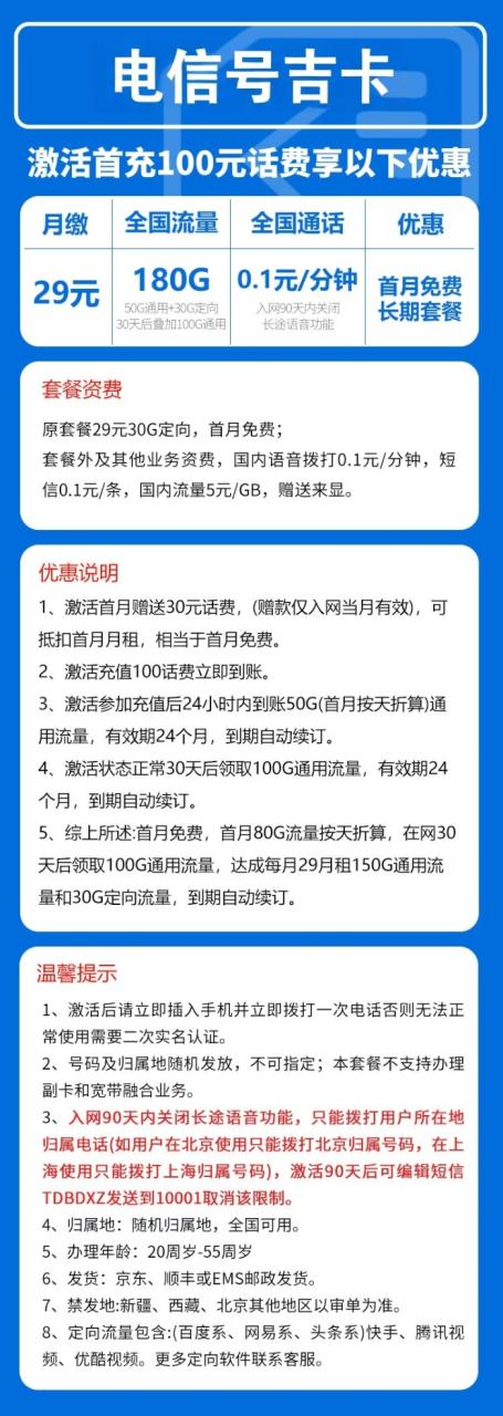 号卡办理-电信号吉卡@【发全国，长期套餐】-150G通用+30G定向+0.1元/分钟-172号卡-号卡极团-号卡联盟-卡业联盟-号易