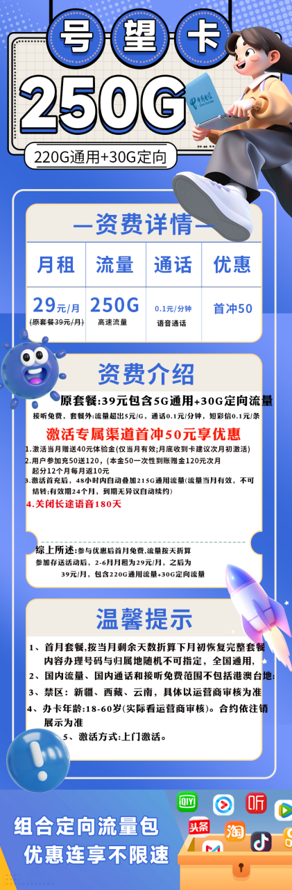 号卡办理-电信号望卡【全国可发北京，自动续约】-29元250G（220G通用+30G定向）-172号卡-号卡极团-号卡联盟-卡业联盟-号易